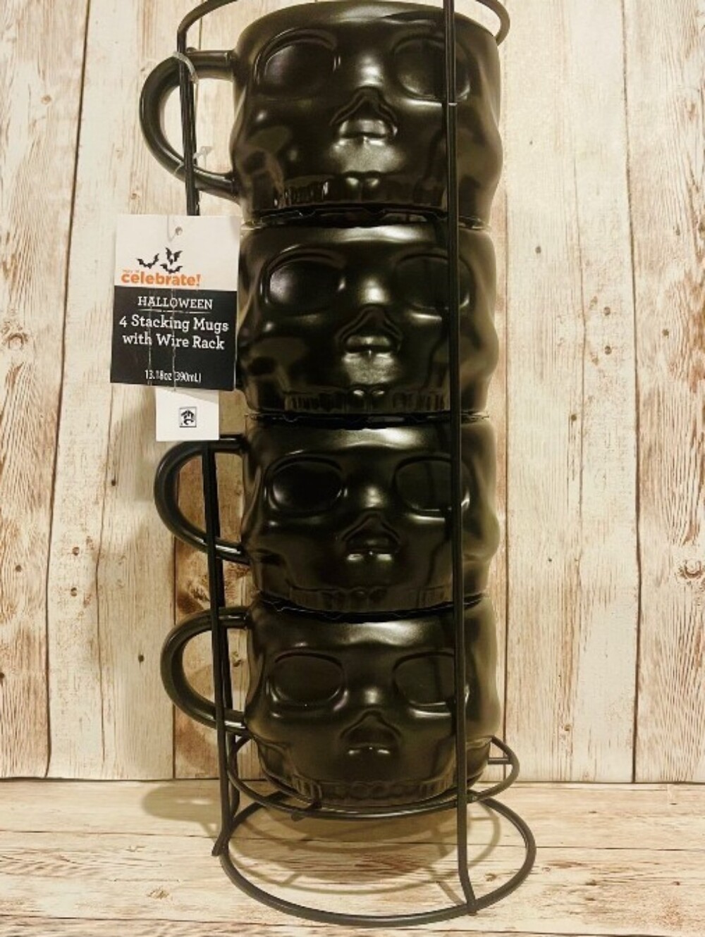 Halloween Skull Stacking Mugs Set of 4 Black Ceramic Coffee Cups with Metal Wire